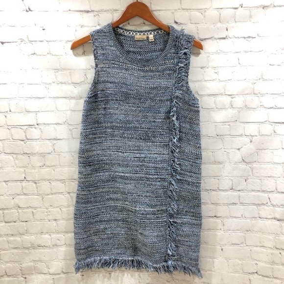 Holding Horses Anthro Tweed Fringe Knit Dress Blue Size XS Sleeveless Sheath - Picture 3 of 9